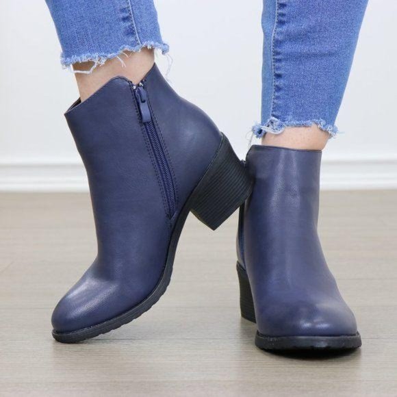 Navy Faux Leather Ankle Boots Silver Zipper Block Heel - Picture 5 of 8